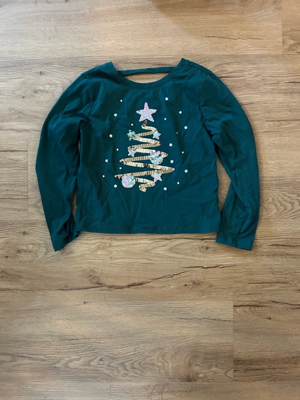 Girls Long Sleeve Dark Green Top Featuring Pretty Sequin Tree Design
